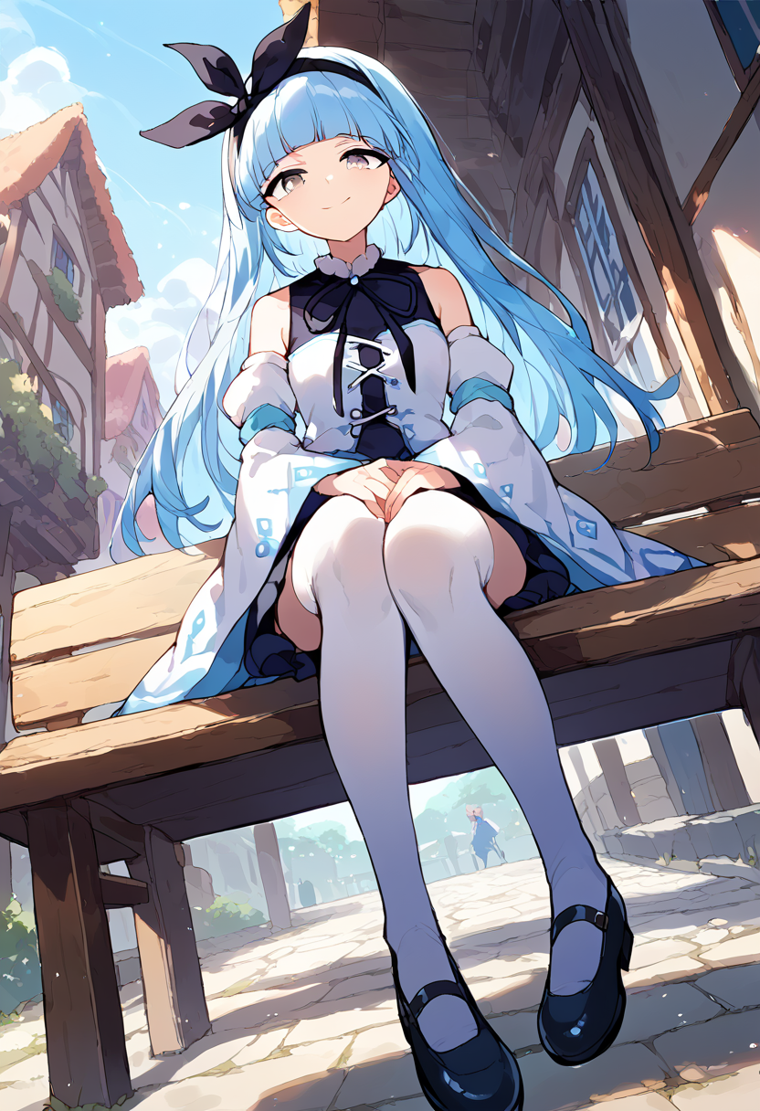 score_9,score_8_up,score_7_up,source_anime,zPDXL3,fantasy,town,wooden bench,sitting,from below,
*//*,<lora:ArchMageIL_Pony:1>,archmage_il,1girl,solo,blue hair,long hair,blunt bangs,grey eyes,detached sleeves,white sleeves,white thighhighs,white dress,long sleeves,wide sleeves,bare shoulders,black ribbon,black hairband,black bow,mary janes,shoes,light smile,
*//*,looking at viewer,cowboy shot,dutch angle,