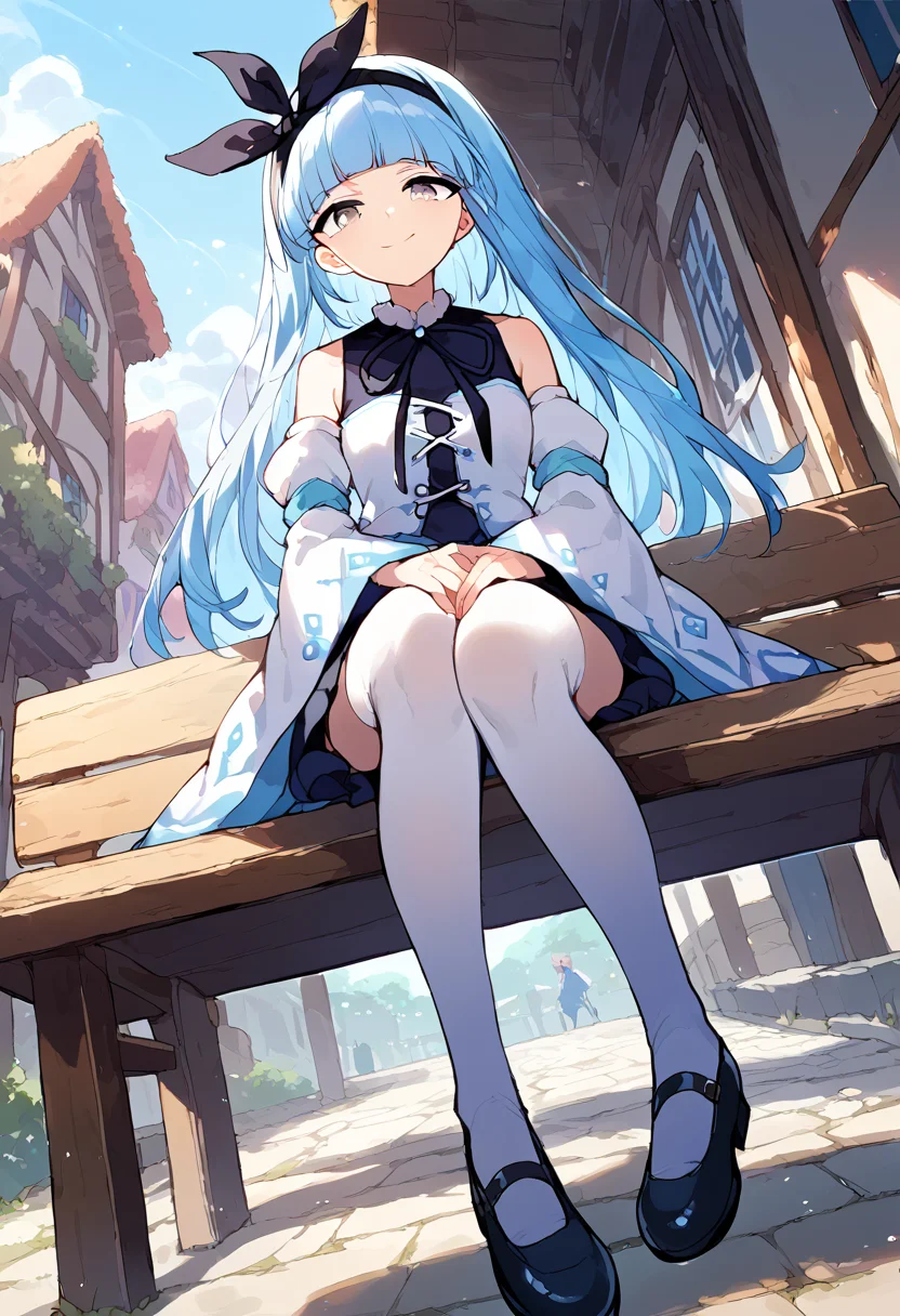score_9,score_8_up,score_7_up,source_anime,zPDXL3,fantasy,town,wooden bench,sitting,from below,
*//*,<lora:ArchMageIL_Pony:1>,archmage_il,1girl,solo,blue hair,long hair,blunt bangs,grey eyes,detached sleeves,white sleeves,white thighhighs,white dress,long sleeves,wide sleeves,bare shoulders,black ribbon,black hairband,black bow,mary janes,shoes,light smile,
*//*,looking at viewer,cowboy shot,dutch angle,