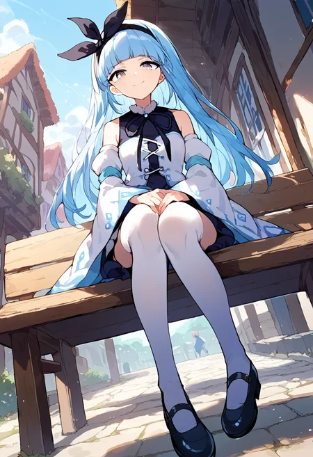 score_9,score_8_up,score_7_up,source_anime,zPDXL3,fantasy,town,wooden bench,sitting,from below,
*//*,<lora:ArchMageIL_Pony:1>,archmage_il,1girl,solo,blue hair,long hair,blunt bangs,grey eyes,detached sleeves,white sleeves,white thighhighs,white dress,long sleeves,wide sleeves,bare shoulders,black ribbon,black hairband,black bow,mary janes,shoes,light smile,
*//*,looking at viewer,cowboy shot,dutch angle,