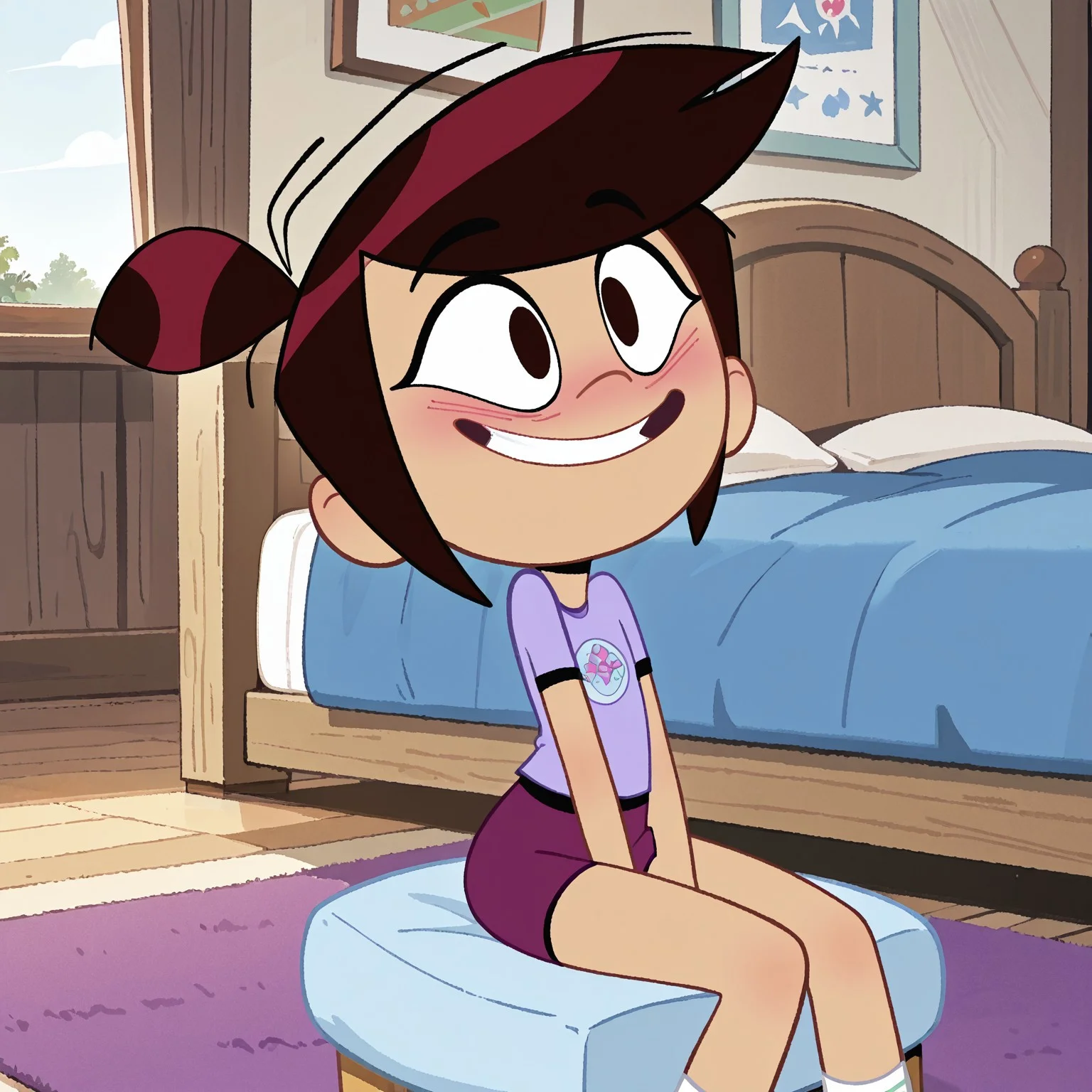 masterpiece, best quality, amazing quality, very aesthetic, absurdres, newest, score_9, score_8_up, 1girl, Molly McGee, purple top, purple sports shorts, sitting, smile, blushing, big chest, large breats, large hips, cute, adorable, happy, bedroom, blue bed, 2d,