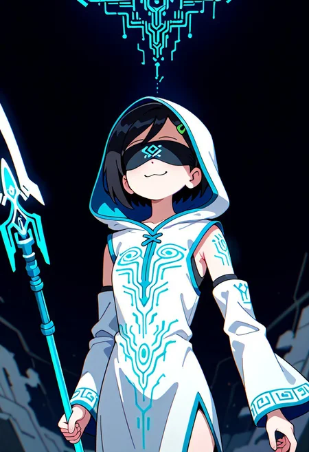 1gril, solo, Marcy, black hair, short hair, hairclip, dynamic angle, cowboy shot, action pose, glowing (circuit tattoo:1.2), robe, detached sleeves, hood up, noble, simulator, blindfold, covered eyes, shaded face, smug, holding polearm, sanctuary, runes, (electricity:0.5), over technology, geometry, white theme, polarized, chromatic aberration, disintegration effect, (abstract expressionism:0.6), fantasy, science fiction, future, ancient, masterpiece, best quality, amazing quality, very aesthetic, absurdres, newest, <lora:circuit_tattoo:1>