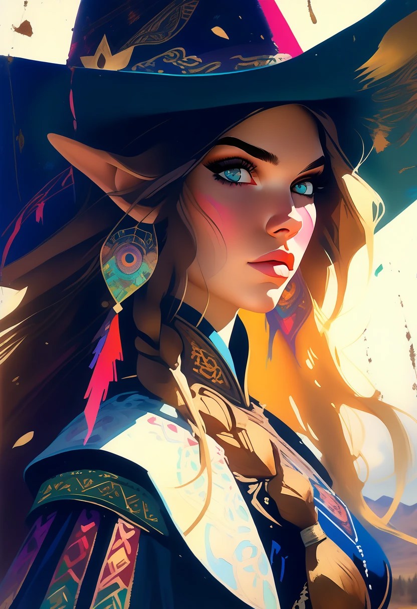 score_9, score_8_up, score_8_up, ((Cinematic composition)),((masterpiece)), (resplendent highlighting), 8k. Photorealistic
1girl, (full body). 
A stunningly beautiful elven cowgirl walks out through saloon doors. She’s wearing cowboy clothing on top of her elven garb. Bow on her back, quiver on her belt, cowboy boots, Cowboy hat in her hand, (camera angle from below), deep rich colours, ((full body)) long hair, elven ears. (resplendent spotlight on her face). Brilliant chaotic atmosphere.
Double exposure.
Ink, Charcoal and colourful oil pastels. impressionistic. faded watercolours (Klimt :1.2) dadaistic collage (by Bill Sienkiewicz:1.5), strikingly alluring face. brilliant spotlight effect. Vibrant thick dripping paint. Intense detail, realistic, dynamic shadows and contrasts. Matte and faded background colours. unreal parts, alluring, fluid, perfection, gothic. (Luminous skin dynamically spotlighted), Illustration, (klimt:0.8) (Bill Sienkiewicz:1.5). maximum detail, Chinese watercolor and ink technique. Gold leaf highlights.
<lora:xl_more_art-full_v1:0.4> <lora:epi_noiseoffset2:1>3