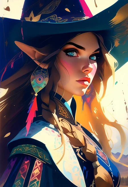 score_9, score_8_up, score_8_up, ((Cinematic composition)),((masterpiece)), (resplendent highlighting), 8k. Photorealistic
1girl, (full body).
A stunningly beautiful elven cowgirl walks out through saloon doors. She’s wearing cowboy clothing on top of her elven garb. Bow on her back, quiver on her belt, cowboy boots, Cowboy hat in her hand, (camera angle from below), deep rich colours, ((full body)) long hair, elven ears. (resplendent spotlight on her face). Brilliant chaotic atmosphere.
Double exposure.
Ink, Charcoal and colourful oil pastels. impressionistic. faded watercolours (Klimt :1.2) dadaistic collage (by Bill Sienkiewicz:1.5), strikingly alluring face. brilliant spotlight effect. Vibrant thick dripping paint. Intense detail, realistic, dynamic shadows and contrasts. Matte and faded background colours. unreal parts, alluring, fluid, perfection, gothic. (Luminous skin dynamically spotlighted), Illustration, (klimt:0.8) (Bill Sienkiewicz:1.5). maximum detail, Chinese watercolor and ink technique. Gold leaf highlights.
<lora:xl_more_art-full_v1:0.4> <lora:epi_noiseoffset2:1>3