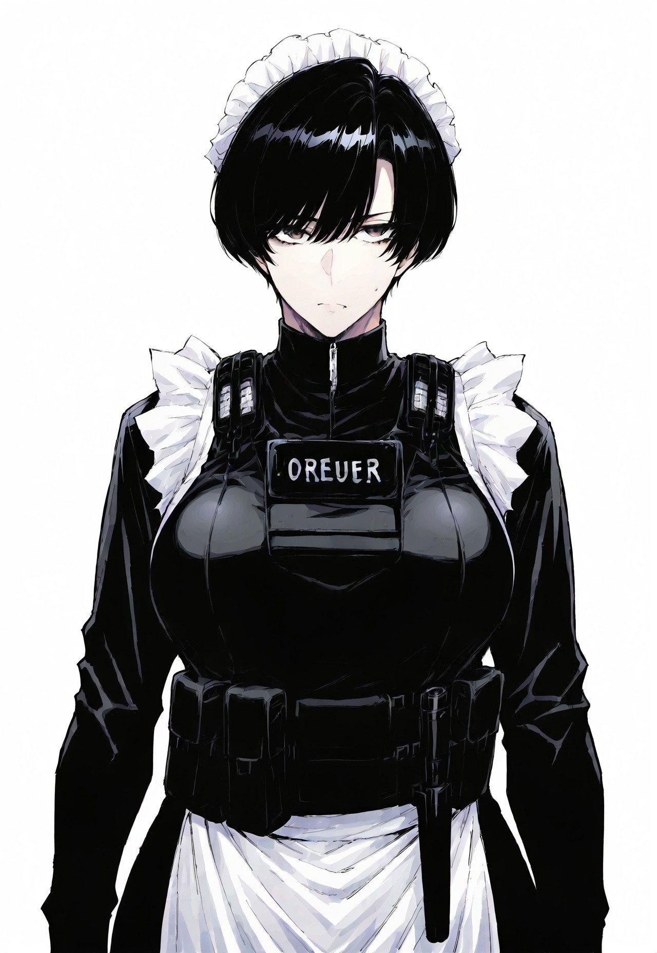 safe_pos, masterpiece, best quality,mature woman maid, black hair,big breasts, bulletproof vest, tactical gear, maid uniform, serious looking,