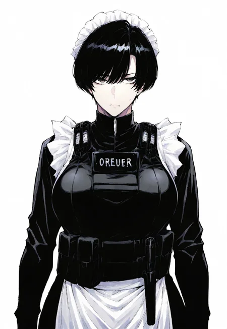 safe_pos, masterpiece, best quality,mature woman maid, black hair,big breasts, bulletproof vest, tactical gear, maid uniform, serious looking,