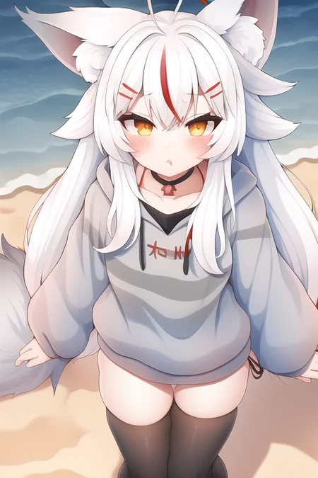 1girl, white hair, fox ears, fox tail, little girl, black stockings, grey hoodie, ((red fringe)), kamiko, kamiko_kana, ((beach)), beach background