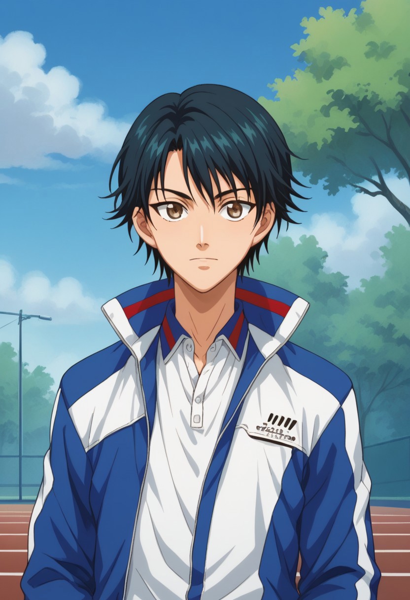 score_9, score_8_up, score_7_up, source_anime, highly detailed, 
echizen, 1boy, male focus, solo, black hair, short hair, brown eyes, sportwear, tennis uniform, shirt, white whirt, jacket, track jacket, open jacket, open clothes, upper body,
outdoor, sky, tree, cloud