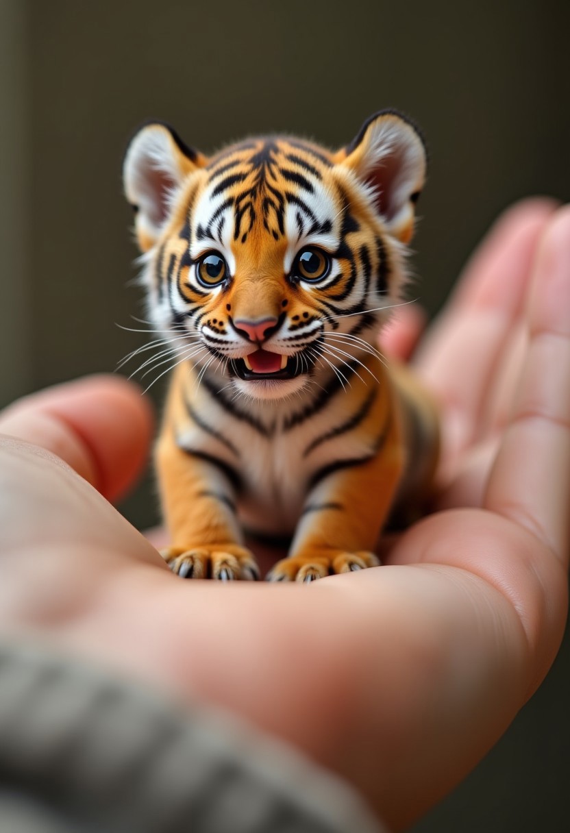 A hyper-realistic, touching scene depicting a tiny, adorable tiger cub, no bigger than the palm of your hand, sitting on a human hand. The tiger cub has soft, fluffy fur, large amber eyes, sharp teeth and long whiskers. The hand has soft, pale skin with a few barely noticeable freckles, the fingers gently hugging the tiger cub's body.