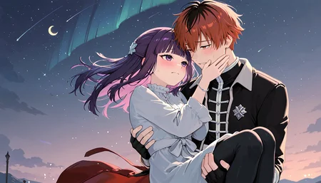 score_9,score 8 up , 1boy , 1gir, (sousou no frieren), Break fern \(sousou no frieren\) , purple eyes , long waist-length , purple hair, straight cut , blunt bangs , butterfly hair ornament , carrying , blush , shy , frown , buttoned white dress , frilled collar , long sleeves , black coat , white dress , embarrassed , (blushing cheeks) , Break stark (sousou no frieren) , shy , red dual-tone hair , orange eyes , collared black sleeveless shirt, black pants, white sash around his waist, red coat , black fingerless gloves , bracelet , (gentle smile) , Break flowing hair , wind-blown hair, hair strands , upper body , backlighting , gradient sky , cloud , scenery , (aurora) , gradient background , crescent moon , princess carry , (eye contact) , (shy affection) , emotional atmosphere , (wind-blown romance) , (shooting star) , masterpiece, best quality, amazing quality, very awa, absurdres,anatomically correct, HDR , 8K , superabsurd res, high resolution, ultra-detailed , absurdres, newest , detailed background , detailed clothing, detailed hair, detailed shading , dramatic lighting , uncensor , <lora:spo_sdxl_10ep_4k-data_lora_webui:1.0> <lora:NOOB_vp1_detailer_by_volnovik_v1:1.0> > <lora:illustrious_flat_color_v2:0.90> <lora:g00se_v2_ill:0.70> <lora:IllusN3g:1.0> <lora:IllusP0s:1.0> <lora:GBF_Illustrious:0.4>