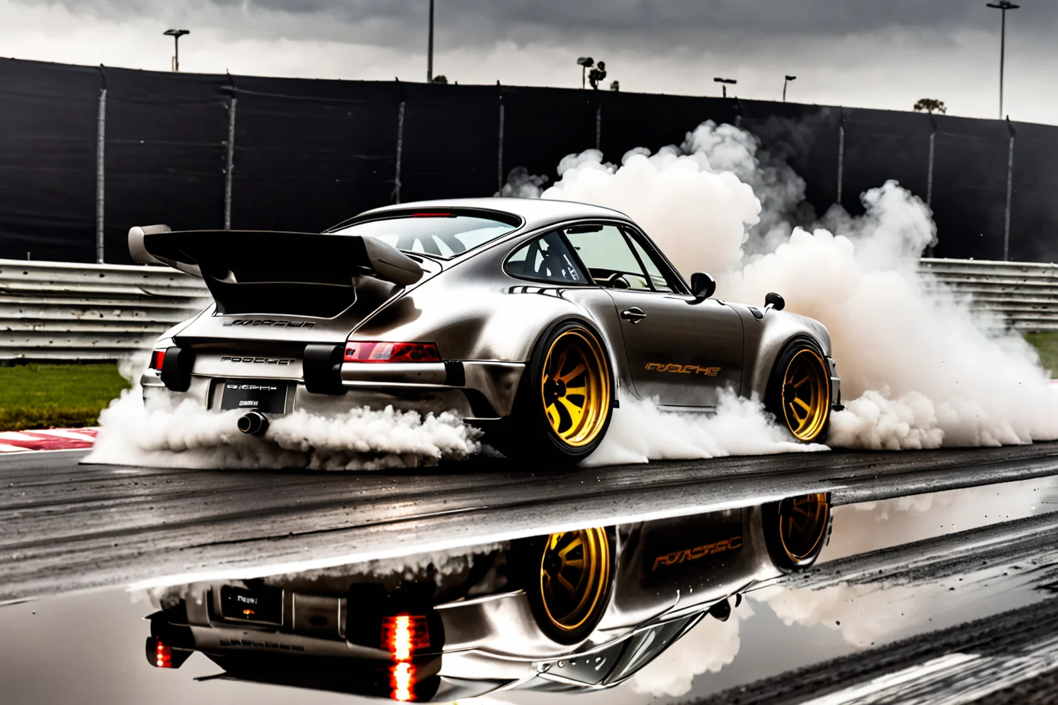 wide body kit Porsche 911 RS, racing through LIQUID METAL, liquid metal sprays up from the cars tyres, Car drifting in a black void , UHD
