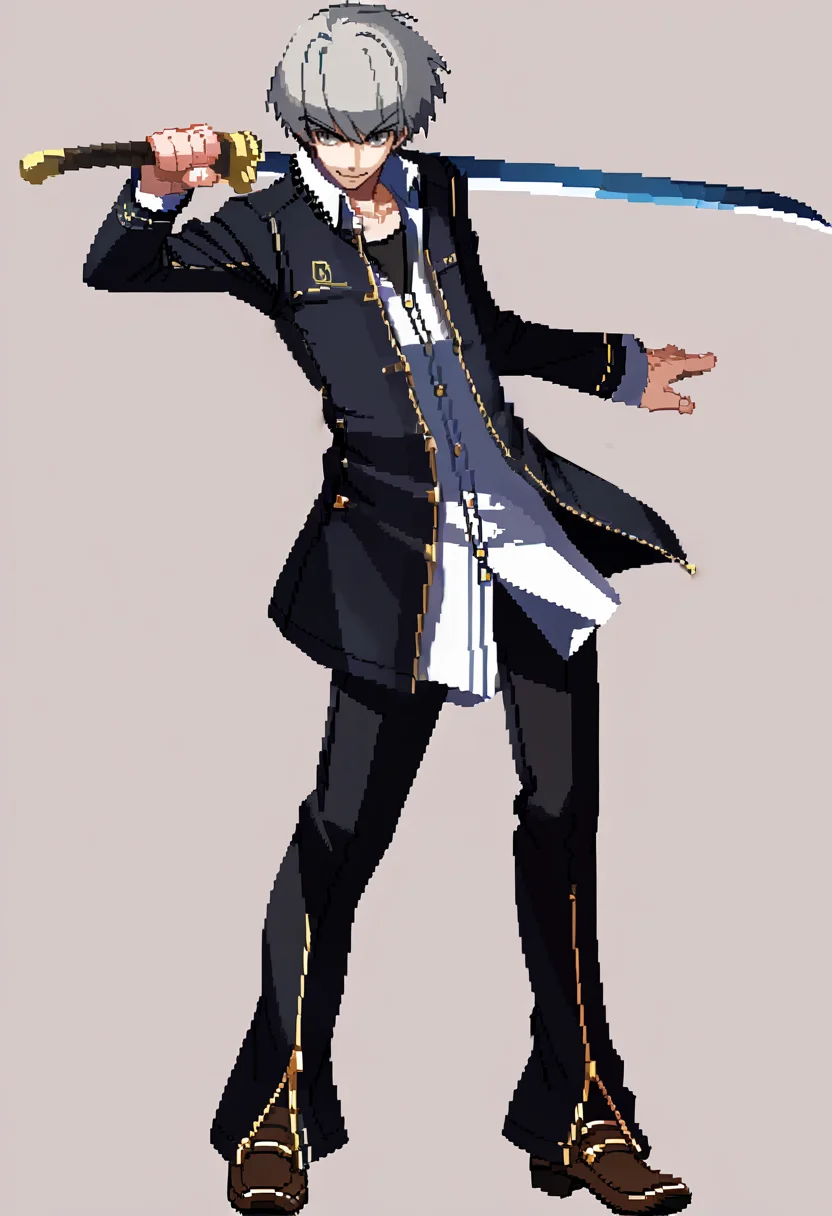 score_9, score_8_up, score_7_up, source_anime, BREAK, solo, 1boy, smirk, looking at viewer, <lora:Under-Night-In-Birth-Sprites-pdxl_Fp:1>, simple background, full body, <lora:persona4_yunarukami_ponyXL:1>, narukami yu, grey hair, grey eyes, school uniform, black jacket, open jacket, long sleeves, white shirt, collared shirt, black pants, holding sword, sword, standing,
