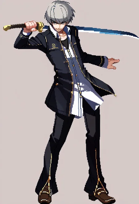 score_9, score_8_up, score_7_up, source_anime, BREAK, solo, 1boy, smirk, looking at viewer, <lora:Under-Night-In-Birth-Sprites-pdxl_Fp:1>, simple background, full body, <lora:persona4_yunarukami_ponyXL:1>, narukami yu, grey hair, grey eyes, school uniform, black jacket, open jacket, long sleeves, white shirt, collared shirt, black pants, holding sword, sword, standing,