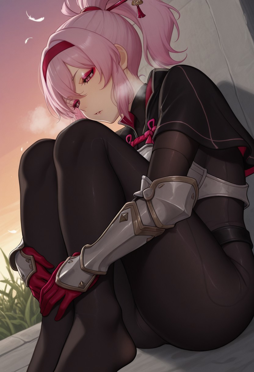 dorei,  outdoors, undershirt, falling feathers, black bodysuit, hair stick, hugging own legs, , gauntlets,   eyeshadow,   red gloves,  high ponytail,  , black capelet, red hairband, pink eyes, 1girl, solo, feet, visible breath,   dynamic angle, foreshortening, smell, steam,