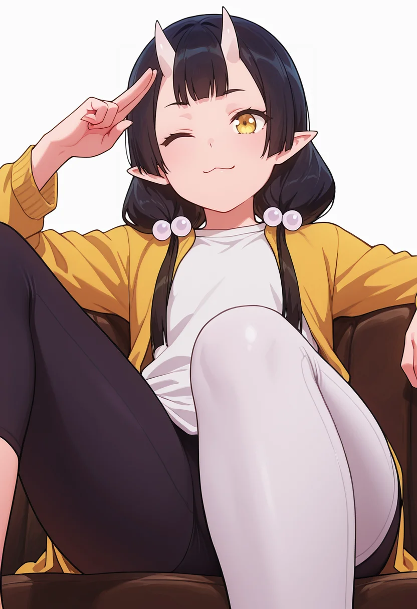 Smooth Quality,masterpiece,very intricate, high quality details, ultra realistic, high detailed skin,detailed enviorement,absurdres,
two-finger salute,solo,
<lora:Care_Resumisu_CNR:0.8> care_cnr, 1girl,black hair, pointy ears, long hair, yellow eyes, oni, low twintails, skin-covered horns, bobbles,, simple background, white background, from below,
reclining, one leg over other, arm on backrest, calm, composed, ,, shirt, ,smoking jacket, ,leggings, ,, ;3,
