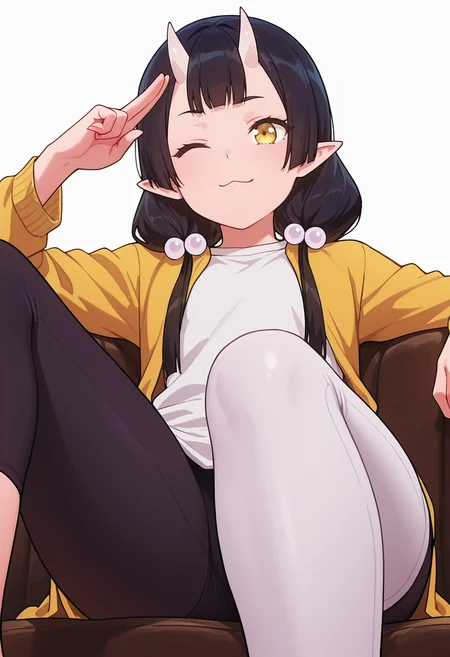 Smooth Quality,masterpiece,very intricate, high quality details, ultra realistic, high detailed skin,detailed enviorement,absurdres,
two-finger salute,solo,
 <lora:Care_Resumisu_CNR:0.8> care_cnr, 1girl,black hair, pointy ears, long hair, yellow eyes, oni, low twintails, skin-covered horns, bobbles,, simple background, white background, from below,
reclining, one leg over other, arm on backrest, calm, composed,  ,, shirt, ,smoking jacket,  ,leggings, ,, ;3,
