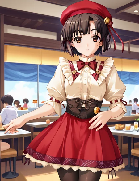 score_9, score_8_up, score_7_up, score_6_up, score_5_up, score_4_up, (source_anime:1.3),(masterpiece:1.3), (high quality:1.3),(1girl: pia3_pr,(red beret:1.2),beige blouse,frills,red bowtie,brown corset,red skirt,frilled skirt,pantyhose,myoukoukc, black_hair, short hair, hair bun, single bun, short eyebrows, single braid, brown eyes, sidelocks,waitress,curtsey ),cowboy shot, <lora:pia_carrot_3_outfits:1.0>, restaurant, <lora:KC_03HC_myoukou_pony:0.9>