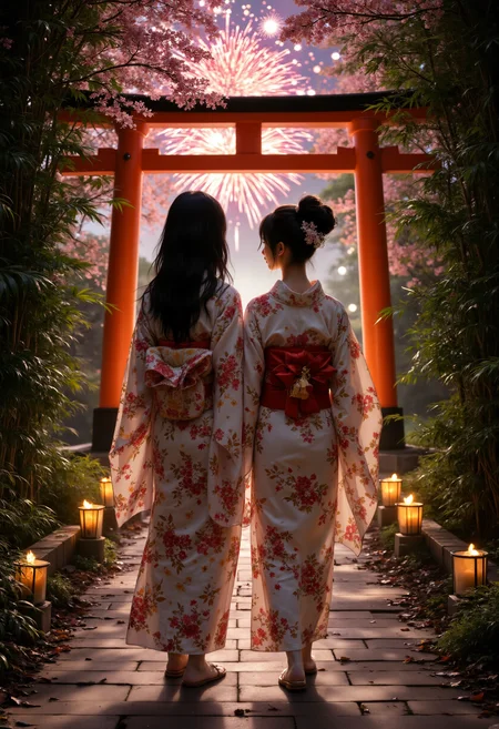 Full body photo, photorealistic, side view, looking at camera, of two slender and petite Japanese girls, 18-years-old, with fair skin, gentle features, long eyelashes, dark green eyes.
They are dressed with kimono with intricate floreal pattern. 
They are wlaking side by side, talking, towards a temple under a red torii in a bamboo forest at night. The path il illuminated by torches.
Their bodies are framed by cherry blossoms.
Fireworks exploding in the distance.