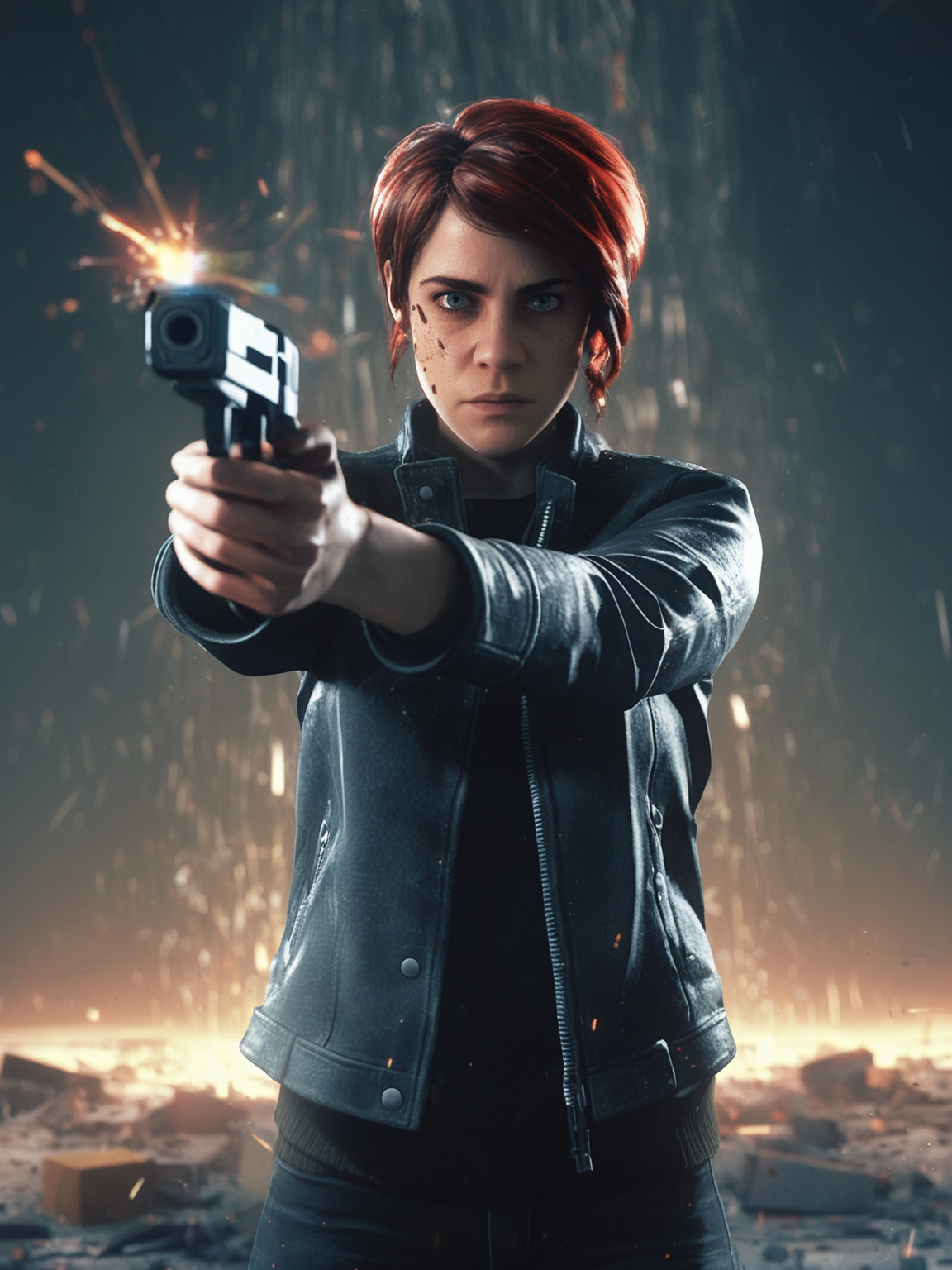 a woman,faced to viewer,dramatic lighting,particles,debris,solo,solo focus,holding massive [pistol:cube:0.6],aiming at viewer,
<lora:Jasse_Faden_v6_biglust:0.95>woman,jasfdn face,jas hair,looking at viewer,clothed,
jacket, rating_safe