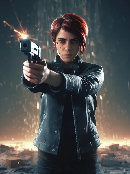 a woman,faced to viewer,dramatic lighting,particles,debris,solo,solo focus,holding massive [pistol:cube:0.6],aiming at viewer,
<lora:Jasse_Faden_v6_biglust:0.95>woman,jasfdn face,jas hair,looking at viewer,clothed,
jacket, rating_safe