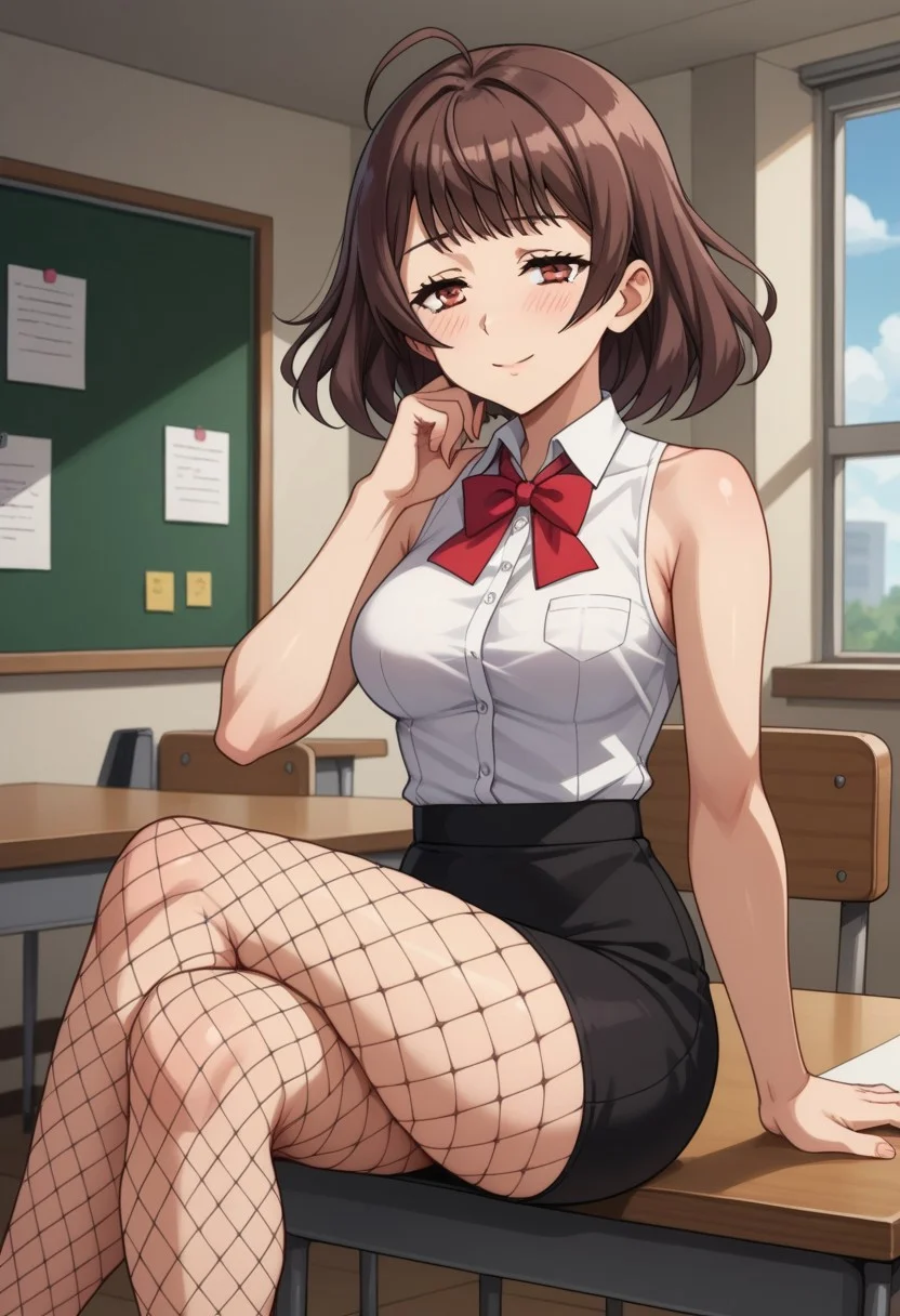 score_9, score_8_up, score_7_up, source_anime, (solo:1.9)
BREAK,
HDA_MasterpieceXL_v.1,
BREAK
Kashima,<lora:Kashima_BWBGD-v:1>, Bokutachi wa Benkyou ga Dekinai,small hair, airy bob,Brown hair, brown eyes.tired eyes ,medium breasts
BREAK
white shirt, high collar, sleeveless, black skirt, pencil skirt, fishnet pantyhose, 
BREAK
sitting at desk, legs crossed