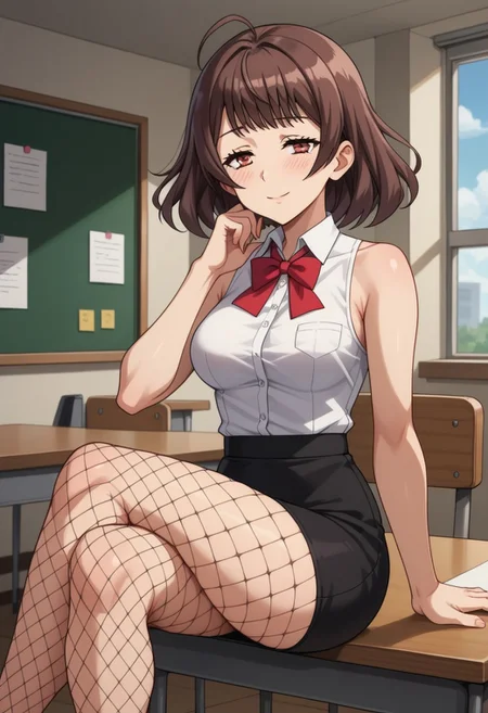 score_9, score_8_up, score_7_up, source_anime, (solo:1.9)
BREAK,
HDA_MasterpieceXL_v.1,
BREAK
Kashima,<lora:Kashima_BWBGD-v:1>, Bokutachi wa Benkyou ga Dekinai,small hair, airy bob,Brown hair, brown eyes.tired eyes ,medium breasts
BREAK
white shirt, high collar, sleeveless, black skirt, pencil skirt, fishnet pantyhose, 
BREAK
sitting at desk, legs crossed