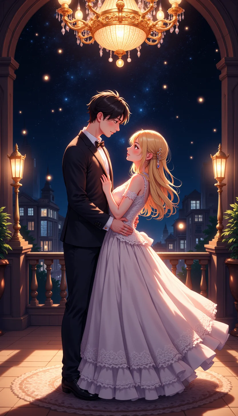 pinkmysticanime,
Starlit Ballroom â A romantic couple dancing under a chandelier of floating stars, their elegant attire glowing subtly in the dim, golden light.