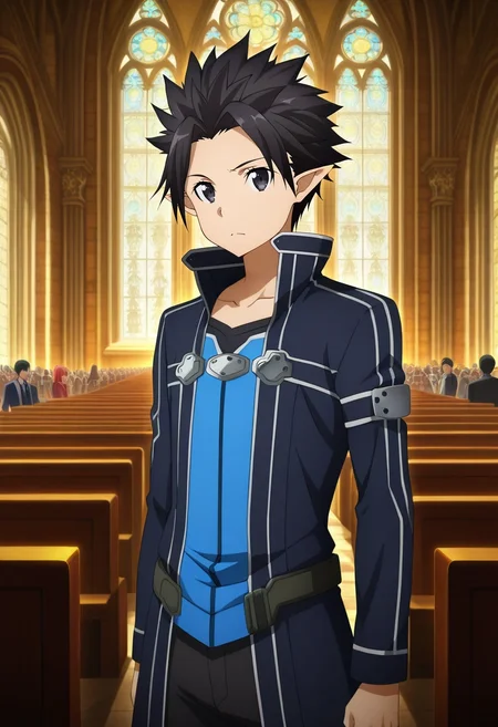 masterpiece, best quality, , anime screencap, anime coloring, official style, , 1boy, solo, male focus, <lora:kazuto_kirigaya_ilxl:0.92>, kazuto_kirigaya_alo, black hair, black eyes, short hair, pointy ears, spiked hair, sao-alo, kirito \(sao-alo\), Milan Cathedral, Italy, ornate spires, crowded square, standing pose, admiring expression, midday sun,