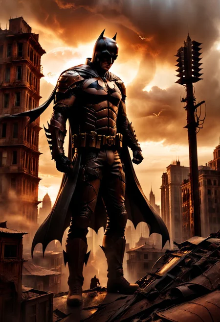 dvr-rst, cinematic film still of a batman silhouetted wearing rusty armor against a sunset over a post-apocalyptic city, detailed background, cinematic shadows, cinematic dark color, chiaroscuro style, perfect cinematic image, perfect body, perfect anatomy, sharp image, detailed image, high quality photography, cinematic skin tone color, cinematic skin pore, cinematic photography style, dark cinematic style, solo, outdoors, sky, cloud, blurry, no humans, building, scenery, sunset, city, silhouette, cityscape, architecture , shallow depth of field, vignette, highly detailed, high budget, bokeh, cinemascope, moody, epic, gorgeous, film grain, grainy
