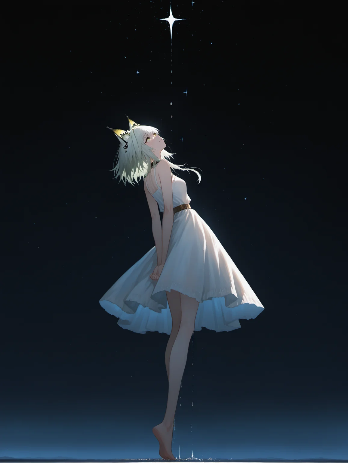 masterpiece, best quality, amazing quality, very aesthetic, absurdres, newest, Wide Shot, Sideways, outside,blue night, kal'tsit (arknights),solo,She leaned forward with her hands behind her back and smiled happily,looking up at the starry sky,White nightdress,Crying with joy, tears (dripping down:1.1) her face, (Sparkling Tears:1.1),
shadowy lighting, cinematic atmosphere, BREAK long and smooth eyelashes,
simple background <lora:ponyv4_noob1_2_adamW-000017:0.7000000000000001> <lora:USNR_STYLE_XL_lokr:0.55>