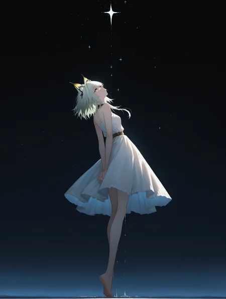 masterpiece, best quality, amazing quality, very aesthetic, absurdres, newest, Wide Shot, Sideways, outside,blue night, kal'tsit (arknights),solo,She leaned forward with her hands behind her back and smiled happily,looking up at the starry sky,White nightdress,Crying with joy, tears (dripping down:1.1) her face, (Sparkling Tears:1.1),
shadowy lighting, cinematic atmosphere, BREAK long and smooth eyelashes,
simple background <lora:ponyv4_noob1_2_adamW-000017:0.7000000000000001> <lora:USNR_STYLE_XL_lokr:0.55>