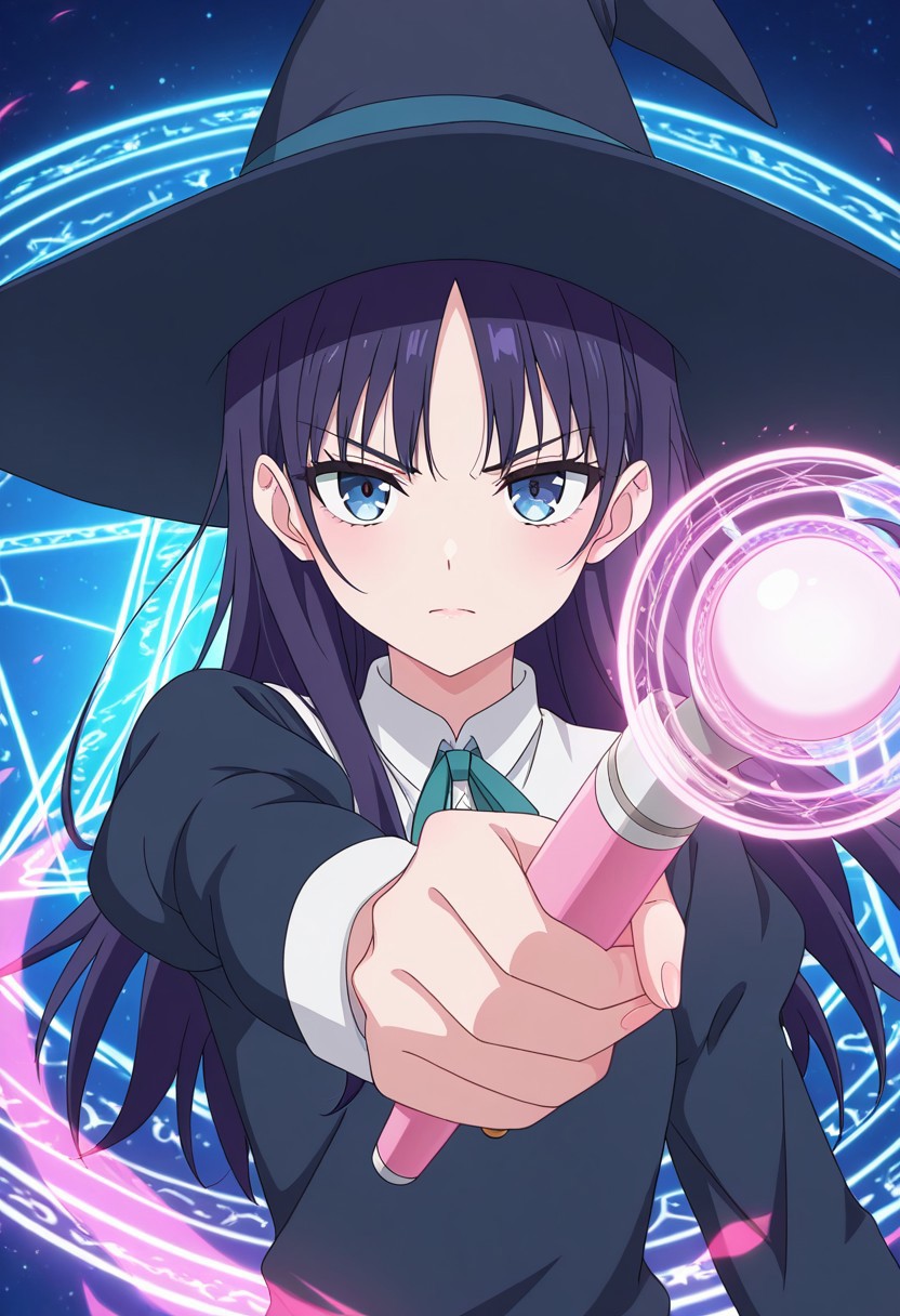 (absurdres, best quality, masterpiece:1.4), amazing quality, highres, newest, detailed, detailed body, detailed face, source anime, anime coloring, beautiful, dynamic background, petite, magic circle, magic spell,
BREAK
WWNemu, 1girl, solo, serious expression, NemuAniHu, dark purple hair,  blue eyes, witch hat, magic wand, aiming at viewer,