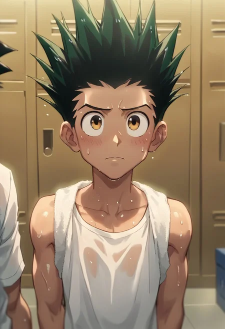 score_9, score_8_up, score_7_up, Absurdres, Intricate Details, Masterpiece, Best Quality, source_cartoon, anime screencap, high quality cg, 1boy, male focus,
Gon Freecss, HxH, 1boy, male focus, spiked hair, black hair, green hair, high detail, white shirt, towel over shoulders, wet hair, from top, shy, nervous expression, looking up, dynamic perspective, intense perspective, Birds Eye view, wide eyes, sweat drop, pretty boy, petite body, shoulders, evening, (dimly lit, cinematic lighting), backlit, locker room, locker room background, <lora:MJ52:0.8>