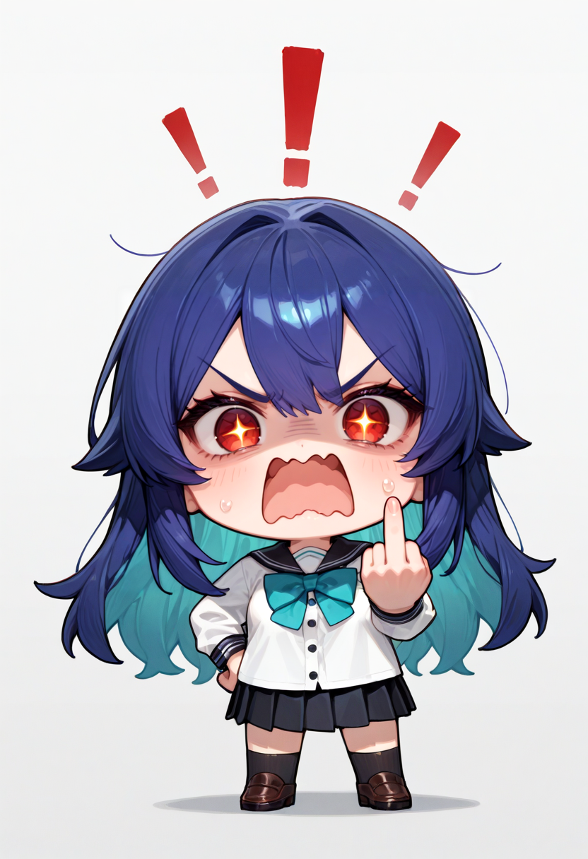 masterpiece, newest, absurdres, best quality, hires, 1girl, chibi, middle finger, angry, open mouth, wavy mouth, exclamation