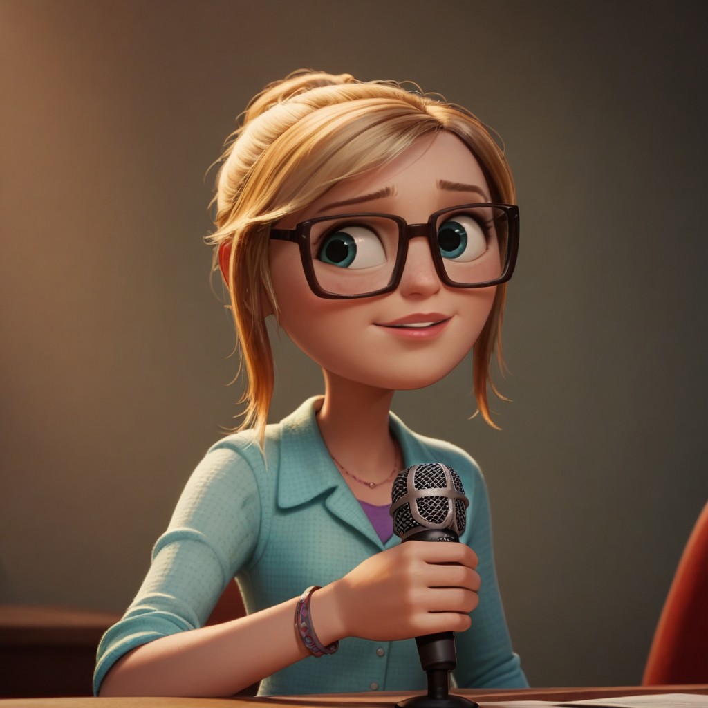 score_9, score_8, score_7, score_6, 1girl, SamSpark, portrait, blond hair, glasses, holding a News microphone