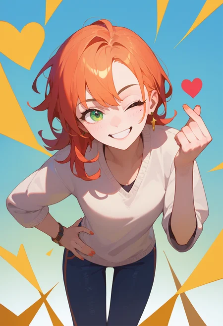 score_9, score_8_up, score_7_up, finger heart, 1girl, leaning forward, one eye closed, smile, hand on hip
<lora:finger_heart_korean_retry_1:1>