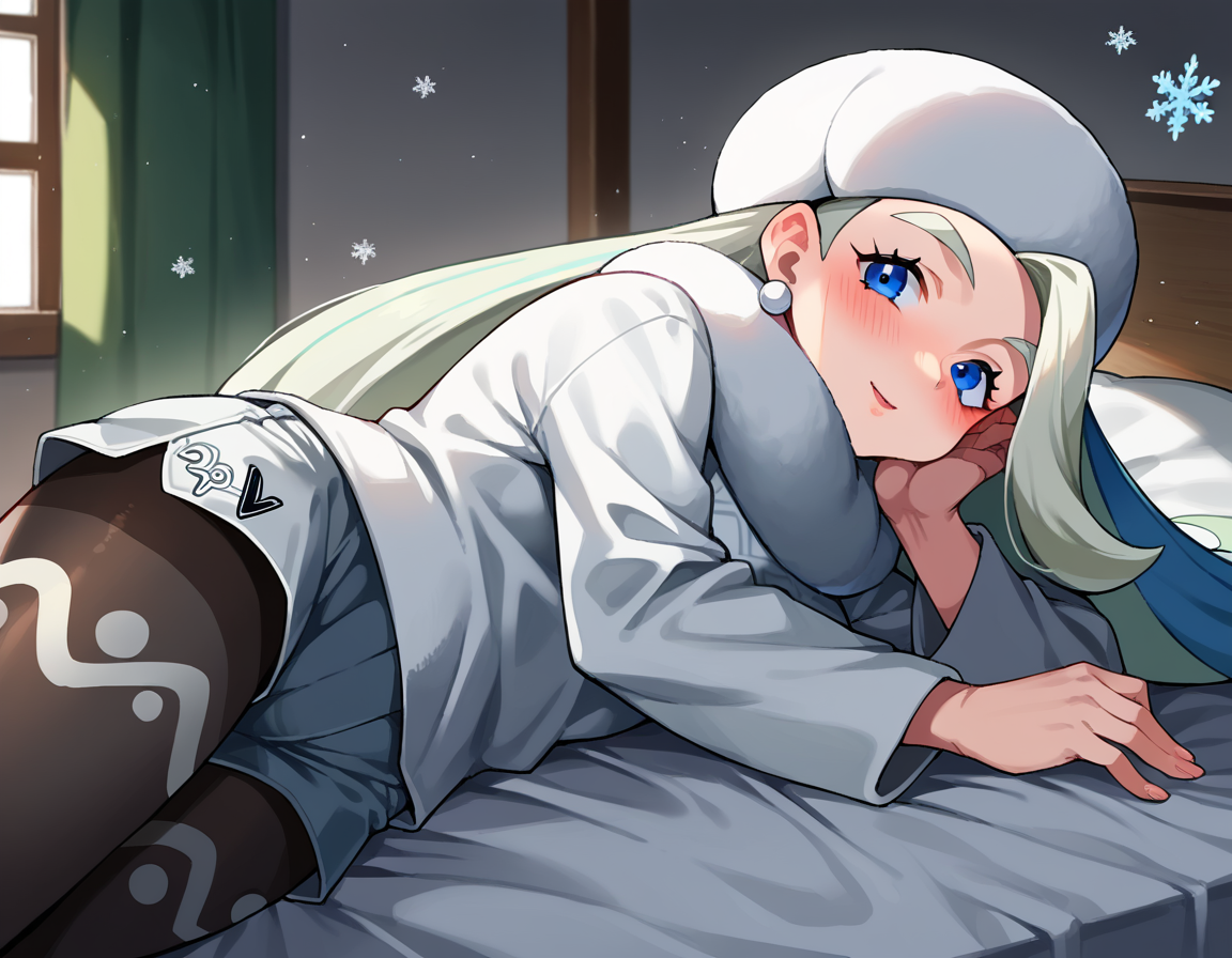 score_9, score_8_up, score_7_up, source_anime,
pokemonmelony, <lora:pokemon-melony-ponyxl-lora-nochekaiser:1>
pokemonmelony, blue eyes, eyelashes, long hair, multicolored hair, streaked hair, grey hair,
earrings, gloves, hat, jewelry, long sleeves, pantyhose, pantyhose under shorts, scarf, shorts, single glove, snowflakes, sweater, white headwear, white scarf, white sweater,
indoors, bed, bed room, on side, blush, drunk,
looking at viewer, cowboy shot, dutch angle,