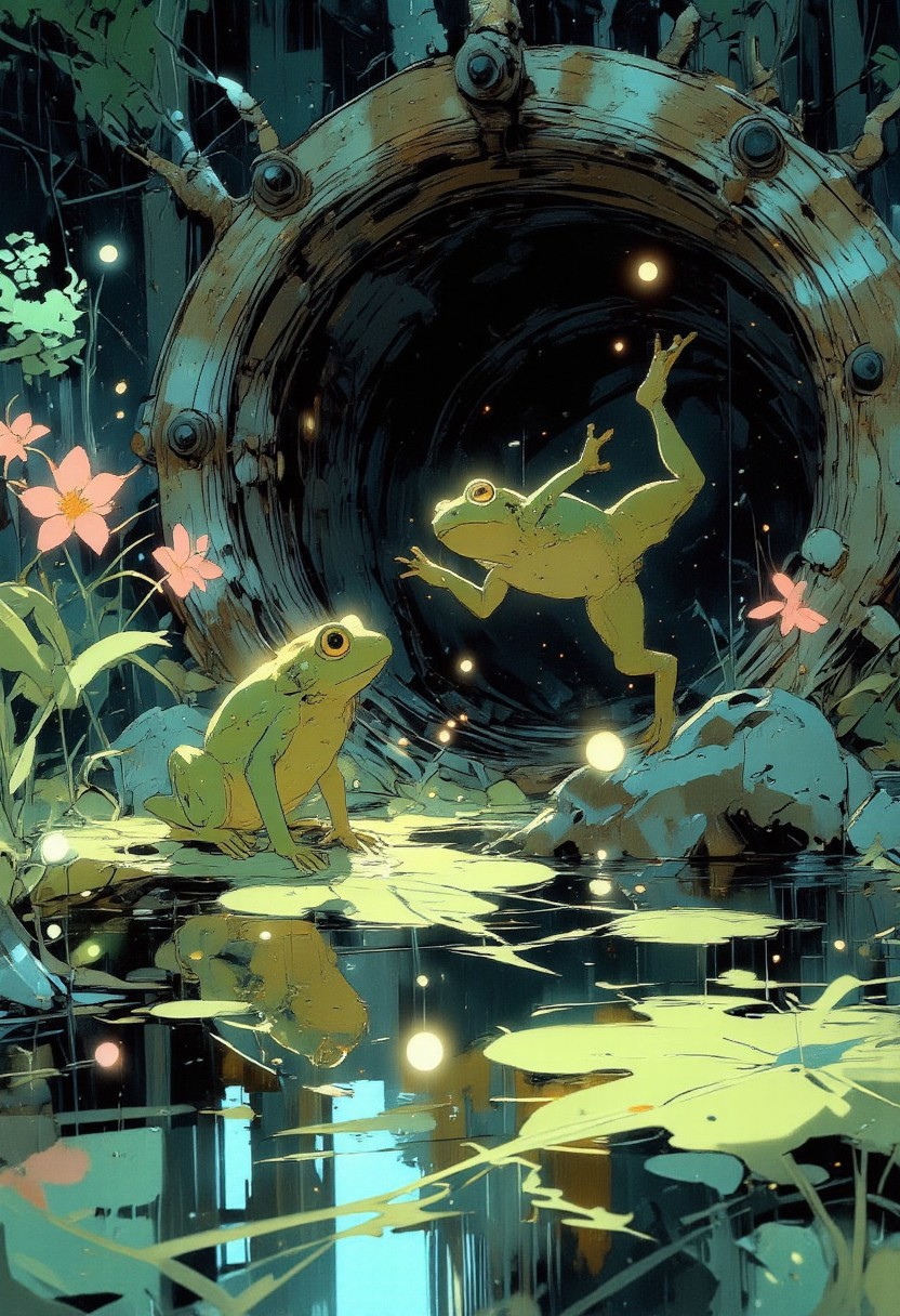 A vibrant, crystal-clear pond shimmers under the warm glow of the sun, reflecting a mesmerizing mix of turquoise, emerald, and gold hues. Two adorable tree frogs, with bright lime-green skin and golden eyes, sit playfully on floating lily pads. One frog curiously tilts its head, gazing at a tiny bubble rising from the water, while the other stretches out its tiny limbs, preparing for a joyful leap. Their smooth, dewy skin glistens in the sunlight, capturing the essence of nature’s delicate beauty. The pond is surrounded by moss-covered rocks and ancient twisting tree roots, framing a mysterious stone tunnel in the background, its dark entrance contrasting against the brilliant light outside. Golden fireflies dance above the water, their tiny glows adding a magical touch. Delicate pink cherry blossom petals drift gently on the water’s surface, carried by a soft breeze. A few small ripples form around the frogs as they shift and play, blending harmoniously with nature’s rhythm. The entire scene radiates a feeling of peace, wonder, and playful energy, capturing a perfect balance between serenity and life in a dreamlike, otherworldly paradise.
VibrantlySharp style., Anime art, 2D flat anime, animeniji