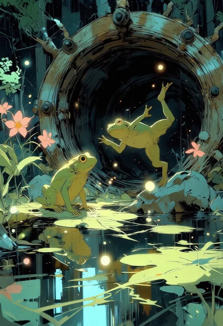 A vibrant, crystal-clear pond shimmers under the warm glow of the sun, reflecting a mesmerizing mix of turquoise, emerald, and gold hues. Two adorable tree frogs, with bright lime-green skin and golden eyes, sit playfully on floating lily pads. One frog curiously tilts its head, gazing at a tiny bubble rising from the water, while the other stretches out its tiny limbs, preparing for a joyful leap. Their smooth, dewy skin glistens in the sunlight, capturing the essence of nature’s delicate beauty. The pond is surrounded by moss-covered rocks and ancient twisting tree roots, framing a mysterious stone tunnel in the background, its dark entrance contrasting against the brilliant light outside. Golden fireflies dance above the water, their tiny glows adding a magical touch. Delicate pink cherry blossom petals drift gently on the water’s surface, carried by a soft breeze. A few small ripples form around the frogs as they shift and play, blending harmoniously with nature’s rhythm. The entire scene radiates a feeling of peace, wonder, and playful energy, capturing a perfect balance between serenity and life in a dreamlike, otherworldly paradise.
VibrantlySharp style., Anime art, 2D flat anime, animeniji