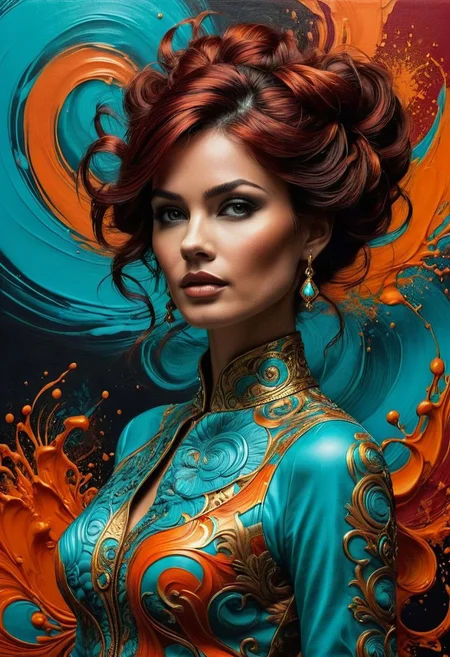fashion photography painting, in the style of teal and gold. in the background, tintricate stunning highly detailed, 60s style, op art, dark red and blacks, swirling patterns, hypnotic, art by "capture dynamic splashes of art in a fashion photography" with canvas as the main subject, showcasing pencil, orange and cyan paint, putty, fabric, special model, easel, and intense lighting. utilize high-speed photography for photorealistic surrealism style
<lora:InkArtXL_1.2:0.4> <lora:FaeTastic:0.35> . award-winning, professional, highly detailed . extremely high-resolution details, photographic, realism pushed to extreme, fine texture, incredibly lifelike, high contrast, well defined .