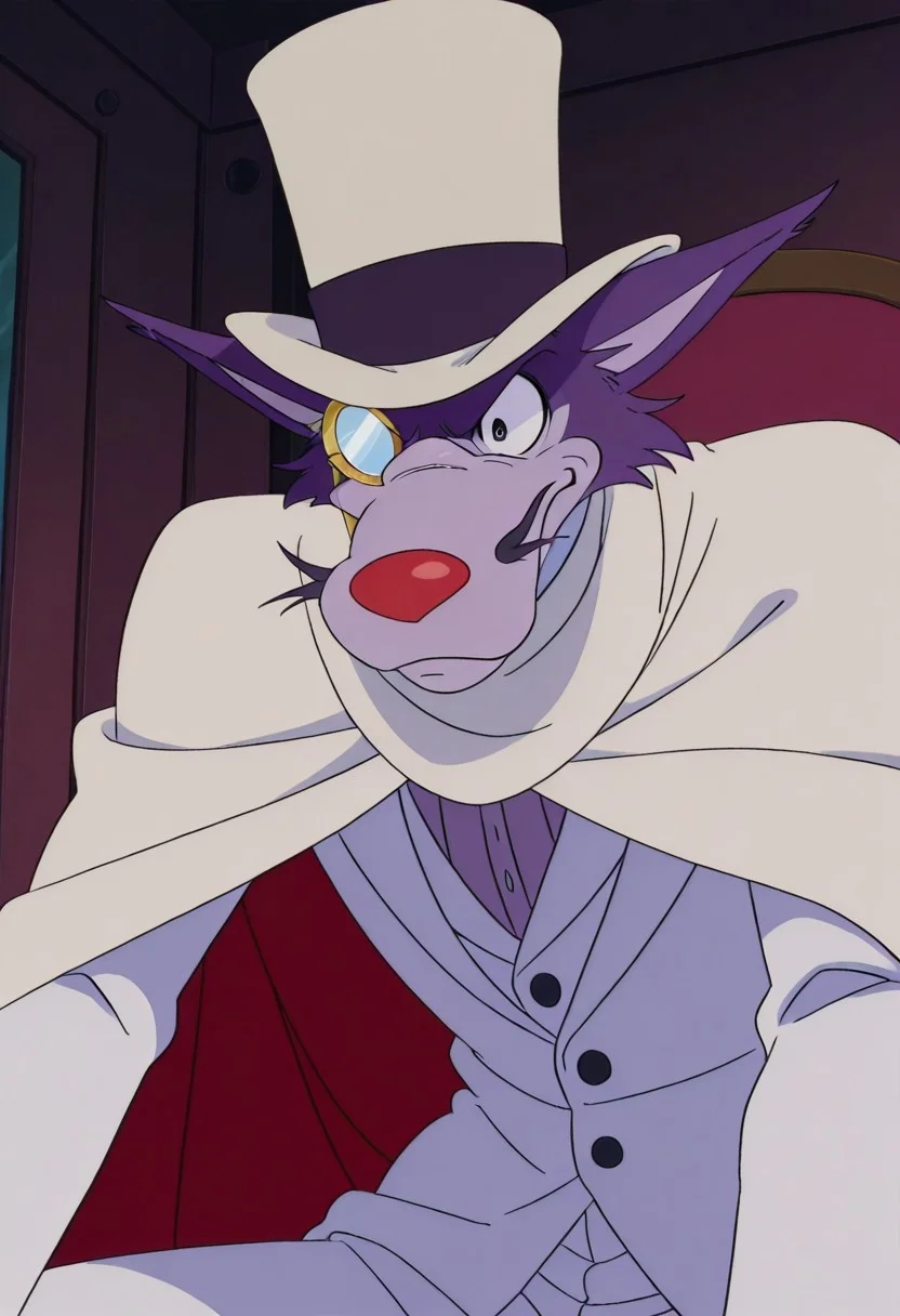 score_9, score_8_up, score_7_up, score_6_up
,
1boy, solo, Professor Moriarty, wolf, white pants, furry, white jacket, white cape, monocle on eye, white bowler hat, whiskers, red nose, ears spread out, Anime, male, purple body, anime screencap