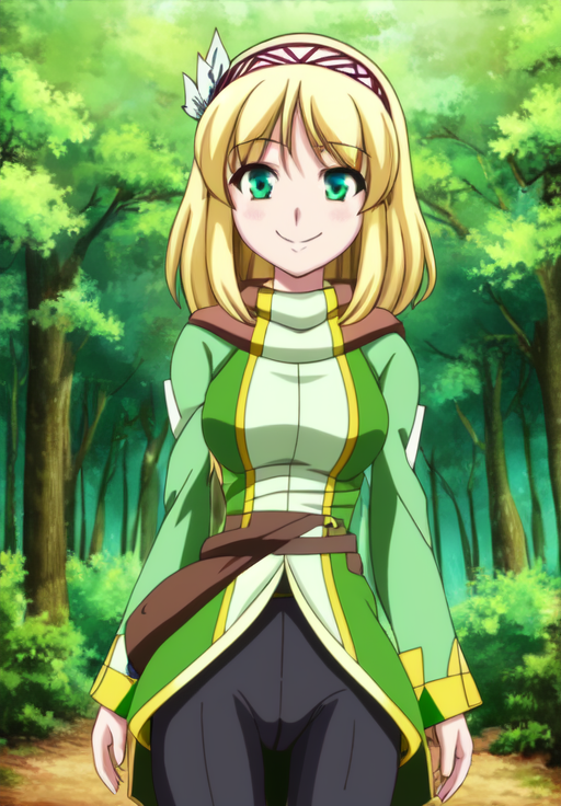 <lora:leadale-Cayna_1:0.8>, leadale-Cayna, 1girl, solo, looking at viewer, smile, forest, dynamic pose, closed mouth,