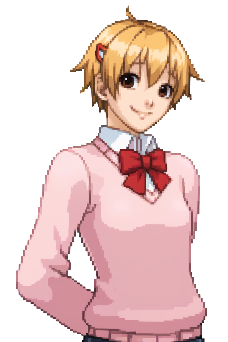 score_9, score_8_up, score_7_up, score_6_up, score_5_up, score_4_up, source_anime, rating_safe, masterpiece, <lora:Katsuragi_Yako:1>, yako1, 1girl, blonde hair, brown eyes, short hair, hair ornament, hairclip, solo, small breasts, sweater, school uniform, skirt, standing, smile, closed mouth, simple background, white background, arms behind back, from side,  <lora:Ace-Attorney-Portraits-pdxl_Fp:1>, portrait, pixel art, upper body,
