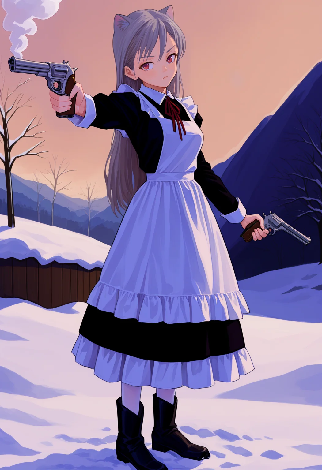 score_9, best quality, masterpiece, uncensored, source_anime
BREAK
feiqizi \(fkey\), 1girl, apron, boots, breasts, grey hair, gun, long hair, maid, maid apron, revolver, aiming, outdoors, pantyhose, pocket watch, snow, solo, watch, weapon, white pantyhose, smoke
<lora:fkey_pony_v1:1>