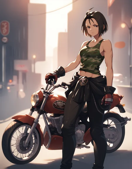 score_9,  score_8_up, score_7_up <lora:kazama-akira-ponyxl-000013:1> rskzm, camouflage tank top, jacket around waist, bare arms, leather pants, gloves,
confident, motorcycle, outdoors