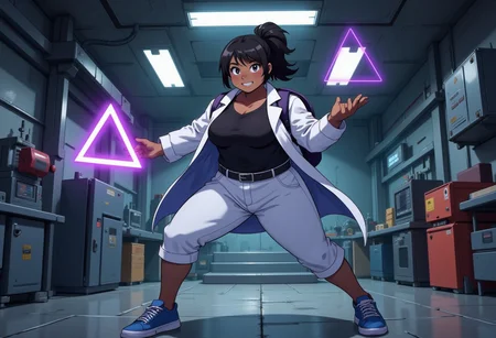 Flat colour anime style image showing. In a futuristic abandoned laboratory, filled with dangerous machinery. Very dramatic angle. A chubby, heavyset dark skinned black woman with thick thighs, thick arms and a flat chest. She is energetic and ready for action, wearing a white labcoat, black tucked-in shirt, white pants, blue sneakers and a small backpack. Her black hair is tied back in a bun. She reaches one hand out, projecting a purple, triangular forcefield. She is ready to fight and visibly confident.