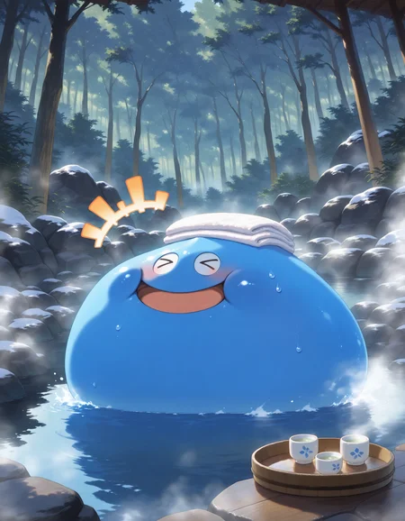 SmoothNoob_Quality,masterpiece,extreme detailed,full_body,outdoors,forest BREAK 1other,no humans,king slime,slime \(creature\),:D,open mouth,blue skin,blush,smile,happy,<lora:NOOB_vp1_detailer_by_volnovik_v1:1>,<lora:king slime-NAI:1>,towel on head,^^^,embarrassed,onsen,bathing,in water,steam,choko \(cup\),