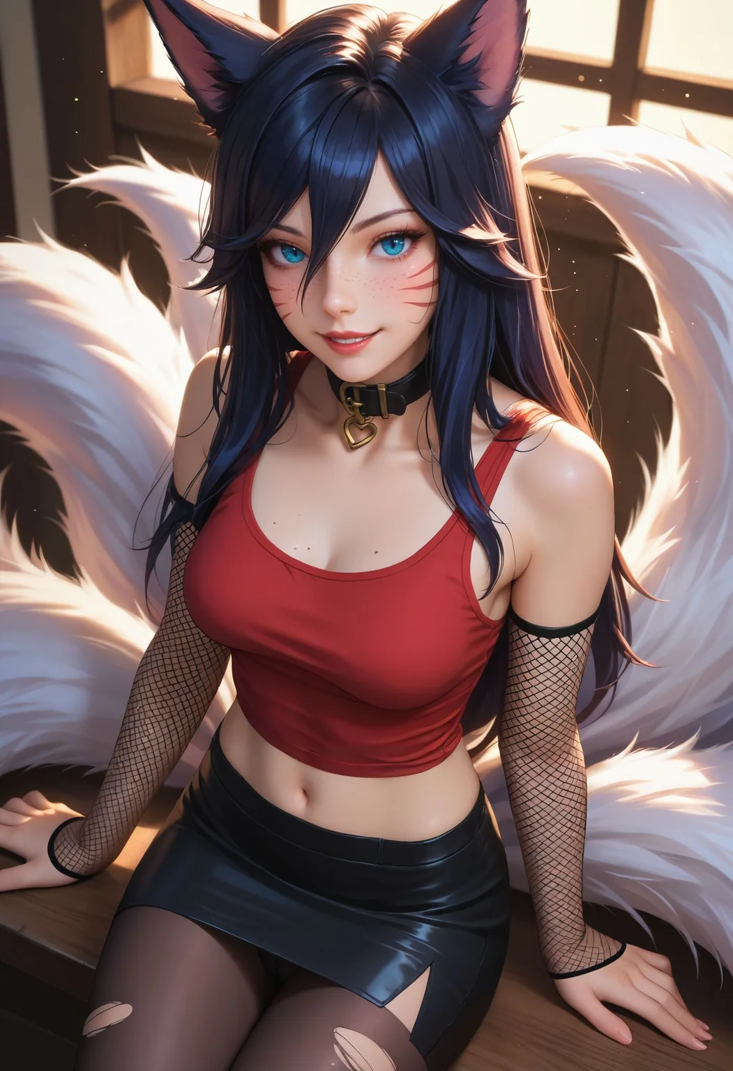 score_9,score_8_up,score_7_up,score_6_up, ahri \(league of legends\), 1girl, alternate costume, animal ear fluff, animal ears, artist name, black collar, black hair, black panties, black pantyhose, black skirt, blue eyes, breasts, collar, covered navel, detached sleeves, facial mark, fishnet sleeves, fishnets, fox ears, fox girl, fox tail, freckles, from above, hair between eyes, light particles, long eyelashes, long hair, looking at viewer, medium breasts, mole, mole on breast, panties, pantyhose, parted lips, pencil skirt, realistic, red lips, red tank top, shiny clothes, side slit, signature, skirt, smile, solo, tail, tank top, torn clothes, torn sleeves, underwear, very long hair, whisker markings