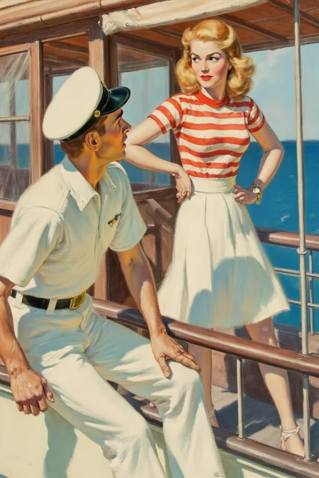 walterbaumhofer1 painting.
A man in a white naval uniform and a woman in a red and white striped top with a white skirt stand on a ship's deck. The man leans over, turning his head sideways to talk to the woman, who stands confidently with her arms akimbo. <lora:walterbaumhofer1_cap_d8a4e12:1.0><lora:849101607546146356:0>