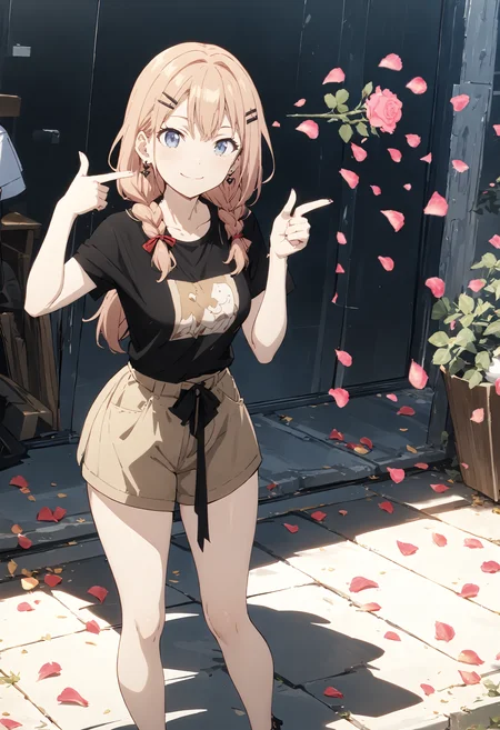 1girl,solo,smile,long hair,half-up braided hair,earrings,hairclip,ribbon,short sleeves,stilettos,casual T-shirts,anime,
<lora:boom finger gun_XL_bx-v1.03:1>,finger gun,rose,petals,
(masterpiece,best quality,absurdres),
