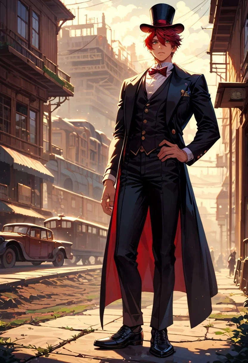 score_9,score_8_up,score_7_up,masterpiece,hyper quality,extreme quality,best quality,high quality,extreme detailed,hyper detailed,hyper detailed hair,hyper detailed skin, 1boy, mature, black bow, red bowtie, red hair, black pants, bow, bowtie, white shirt, glass, formal, full body, hand on hip, hat, outdoors, male focus, pants, shoes, solo, standing, top hat, vest, steampunk, full body, solo, standing, vintage, mist, gothic atmosphere, night, backlight, moonlight